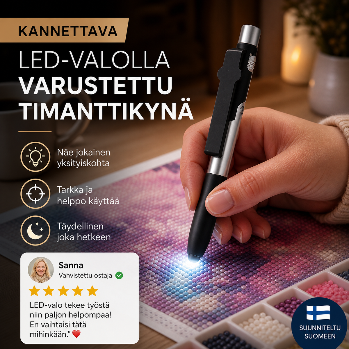 Kannettava LED-valolla varustettu timanttikynä