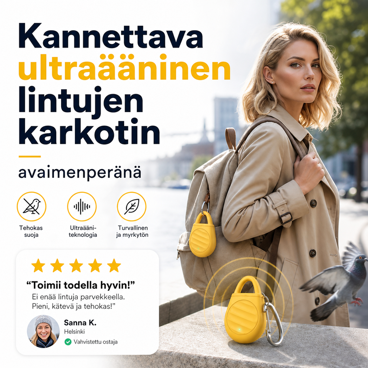 🐦Ei enää ongelmia lintujen, eläinten ja heinäsirkkojen kanssa！Kannettava ultraääninen lintujen karkotin avaimenperänä