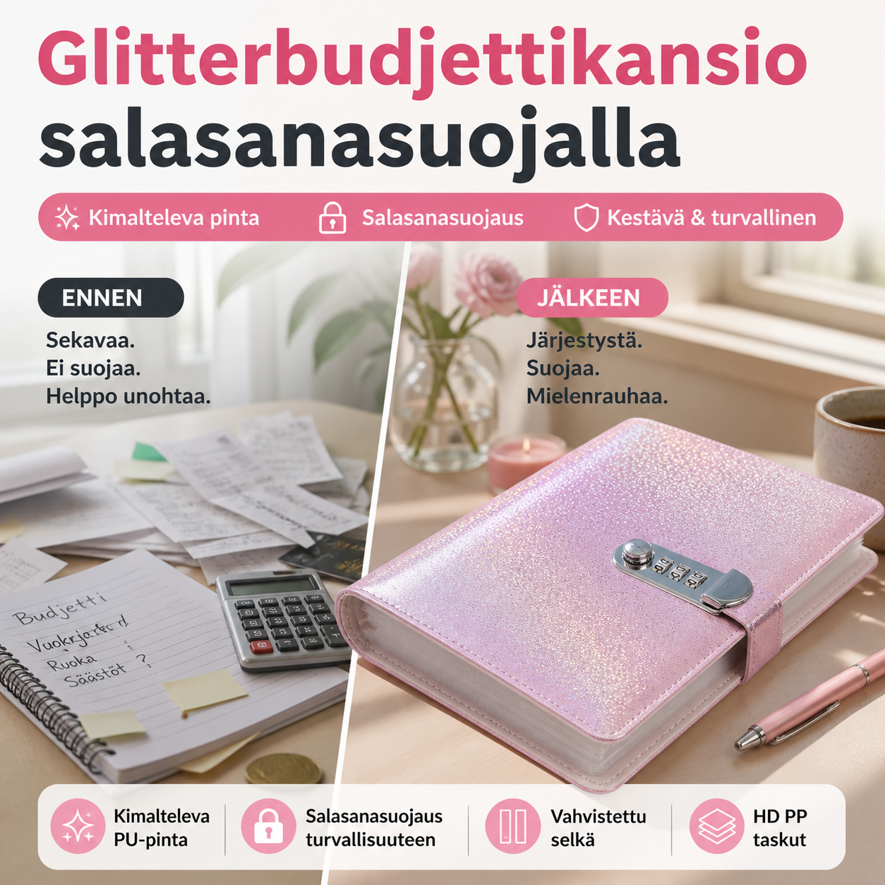 Glitterbudjettikansio salasanasuojalla