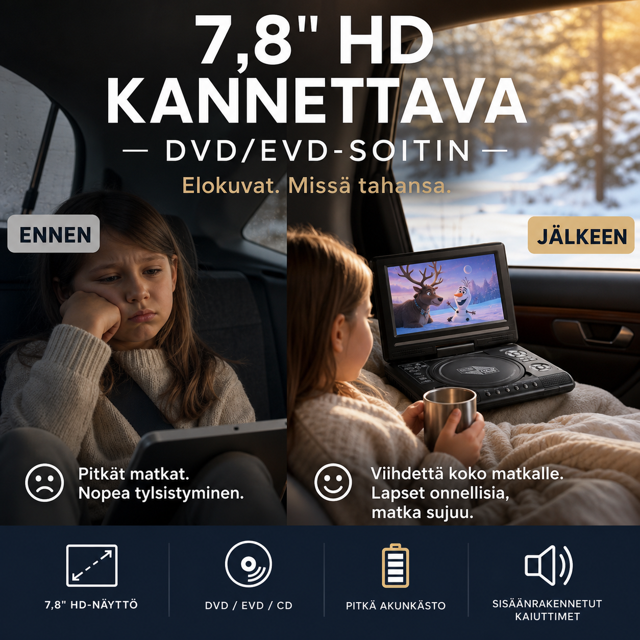 📺 7,8" HD kannettava DVD/EVD-soitin – suuri näyttö, ladattava ja yhteensopiva DVD/CD/USB/SD-korttien kanssa – täydellinen kotiin ja matkalle 🔥 -53%