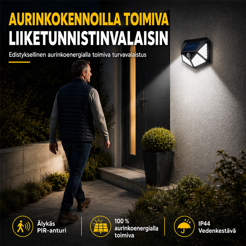 🌙💡 100 LEDin aurinkokäyttöinen seinävalaisin – 120° liiketunnistin, IP65-suojaus ja automaattinen valaistus pihalle ja mökille ☀️