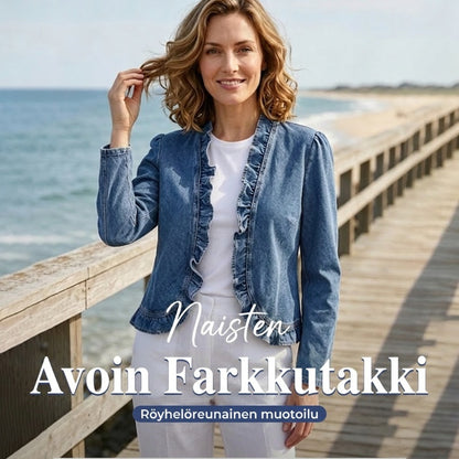 🧥 NYT 50 % ALENNUS! 🌸 Naisten röyhelöreunainen, edestä auki oleva farkkutakki – kevyt ja naisellinen – monipuolinen ja tyylikäs 👗