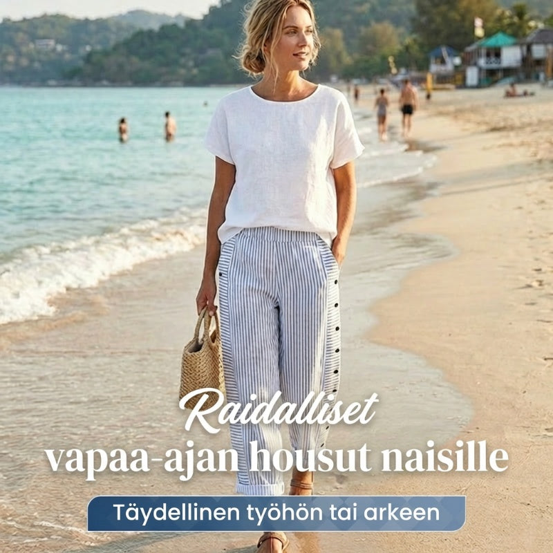 👖 NYT 50 % ALENNUS! 🌿 Muodikkaat, väljät siniraitaiset housut – käytännölliset sivutaskut, hoikistava istuvuus ja täydelliset keväisiin päiviin 🌸