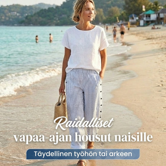 👖 NYT 50 % ALENNUS! 🌿 Muodikkaat, väljät siniraitaiset housut – käytännölliset sivutaskut, hoikistava istuvuus ja täydelliset keväisiin päiviin 🌸