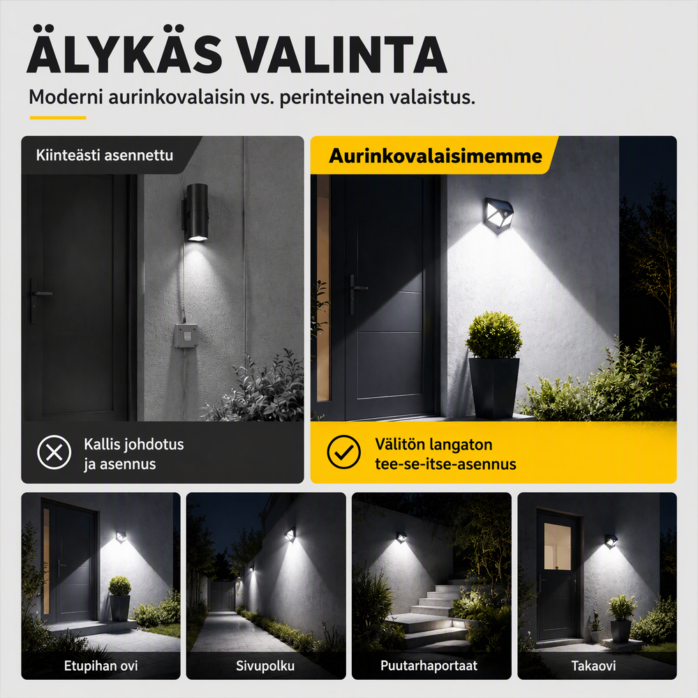 🌙💡 100 LEDin aurinkokäyttöinen seinävalaisin – 120° liiketunnistin, IP65-suojaus ja automaattinen valaistus pihalle ja mökille ☀️