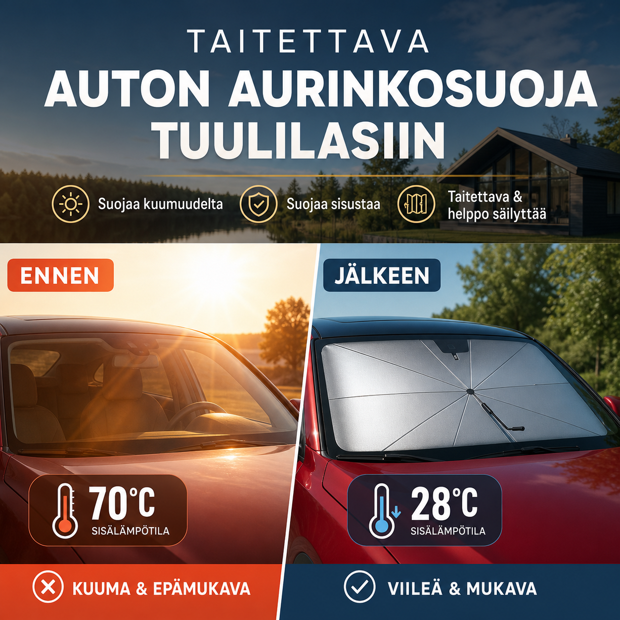 🌞 50 % alennus 🌈 Taitettava auton aurinkosuoja tuulilasiin