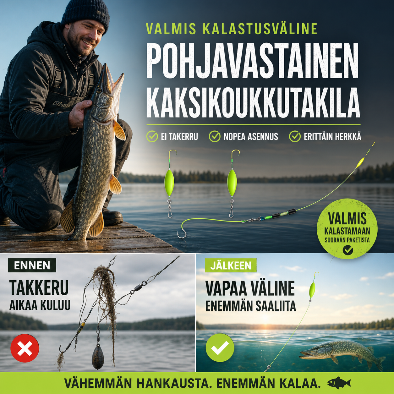 Valmis kalastusväline – pohjavastainen kaksikoukkutakila