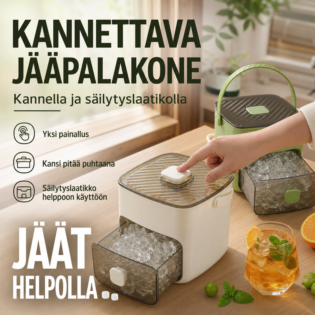 🧊Kannettava jääpalakone, jossa on kansi ja säilytyslaatikko (48 kuutiota)