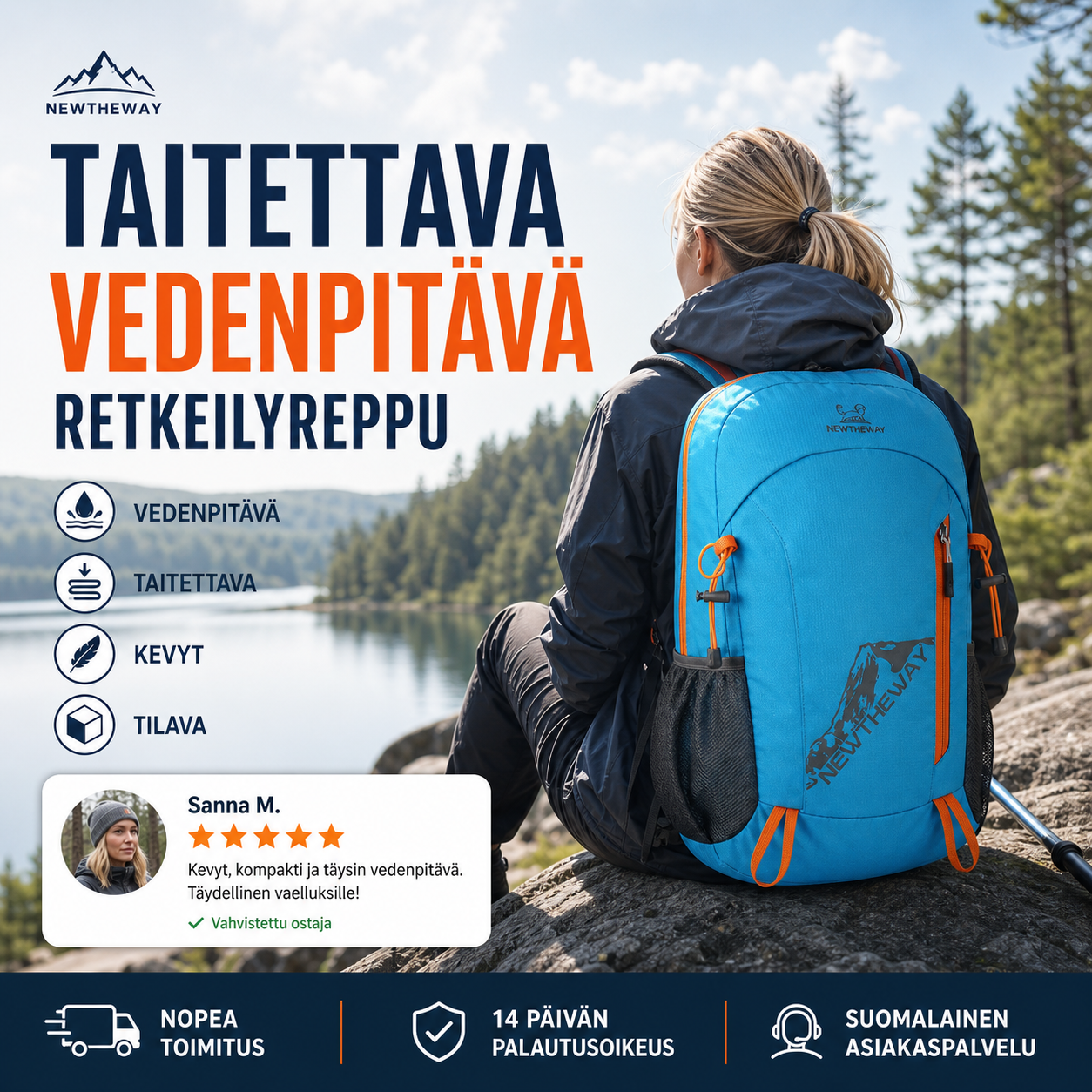 🔥🎁 2+1 ILMAISEKSI!!🥳 💞 YLI 50 000 KAPPALETTA MYYTY! ⚡🎒 Taitettava, vedenpitävä retkeilyreppu