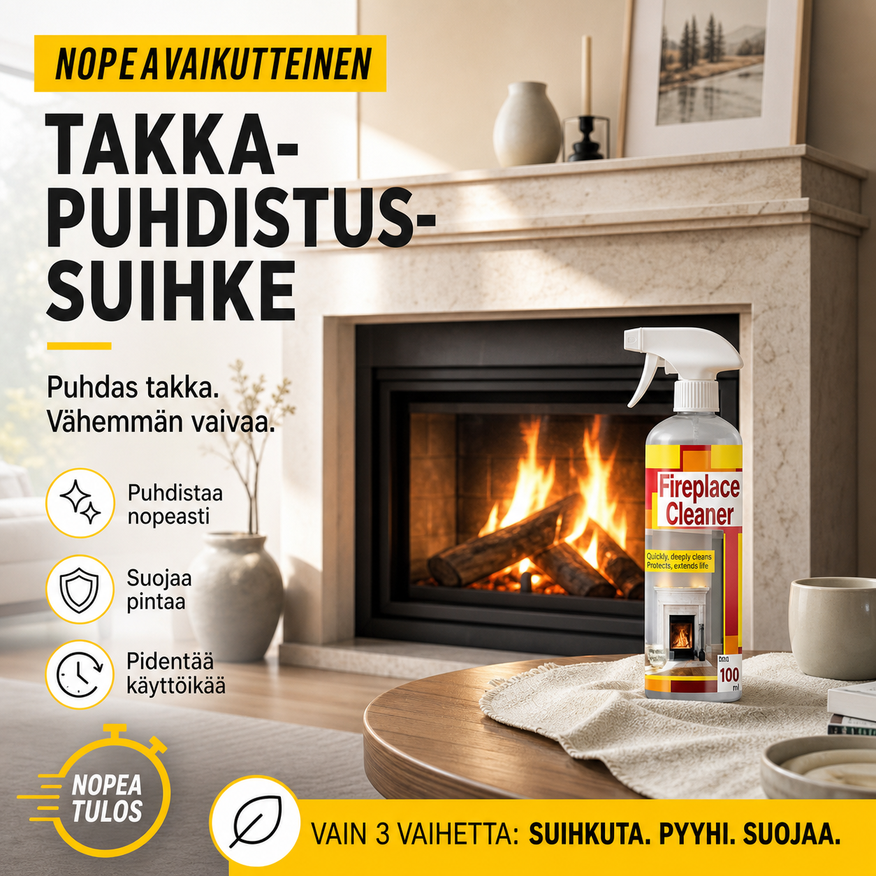 🔥 50% ALENNUS NYT! Nopeavaikutteinen takkapuhdistussuihke – syvälle tunkeutuva noki- ja savutahranpoistoaine