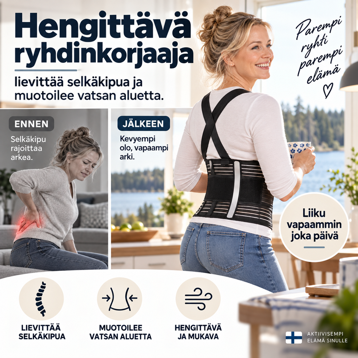 Hengittävä ryhdinkorjaaja – lievittää selkäkipua ja muotoilee vatsan aluetta