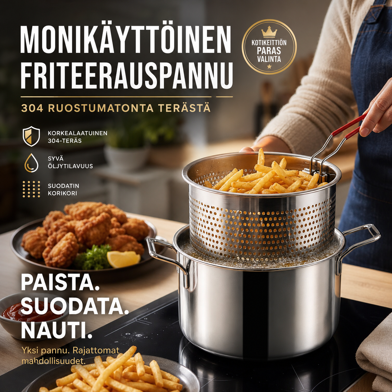🔥VIIMEINEN PÄIVÄ – 50% ALENNUS🎁 304 Ruostumatonta terästä – Monikäyttöinen friteerauspannu