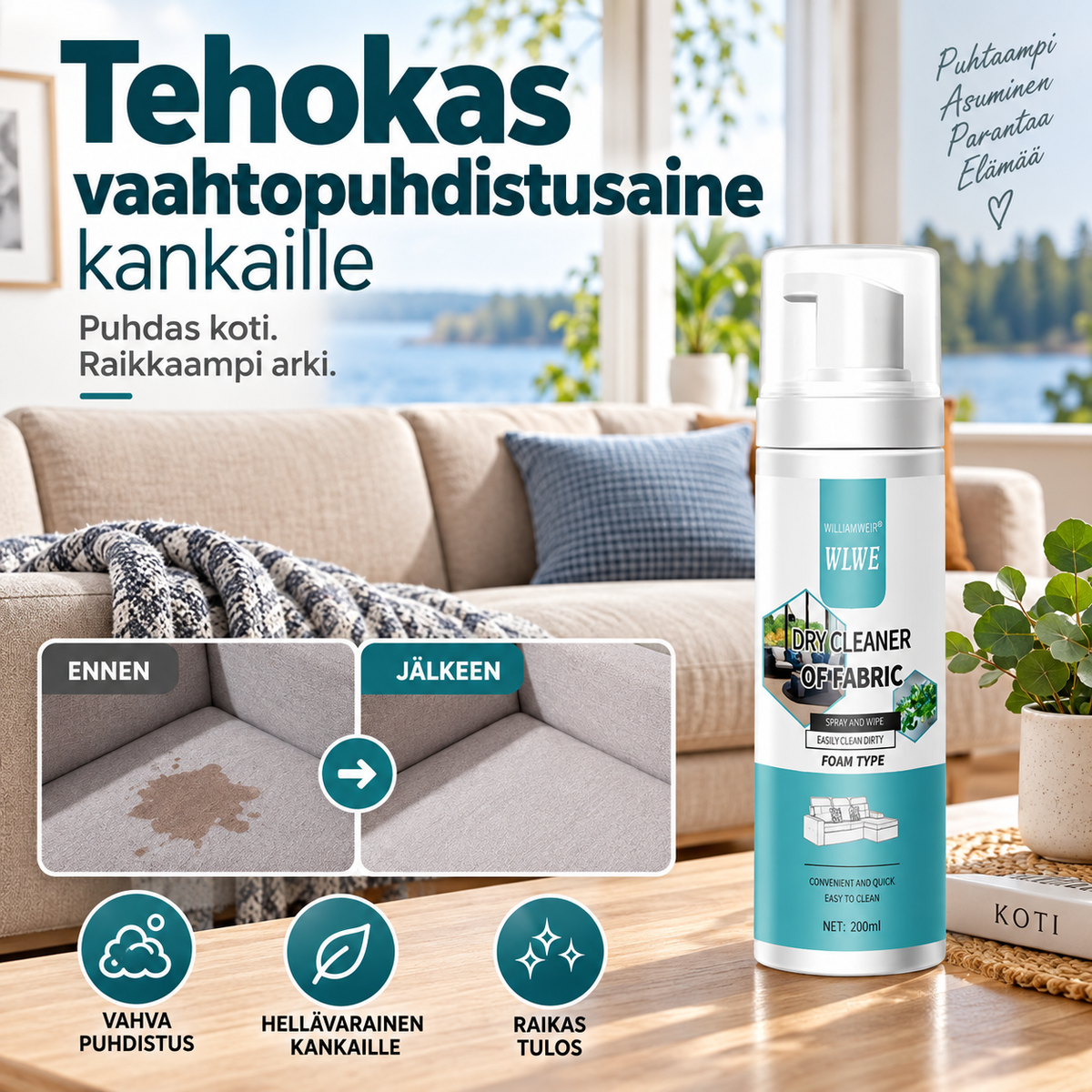 Tehokas vaahtopuhdistusaine kankaille