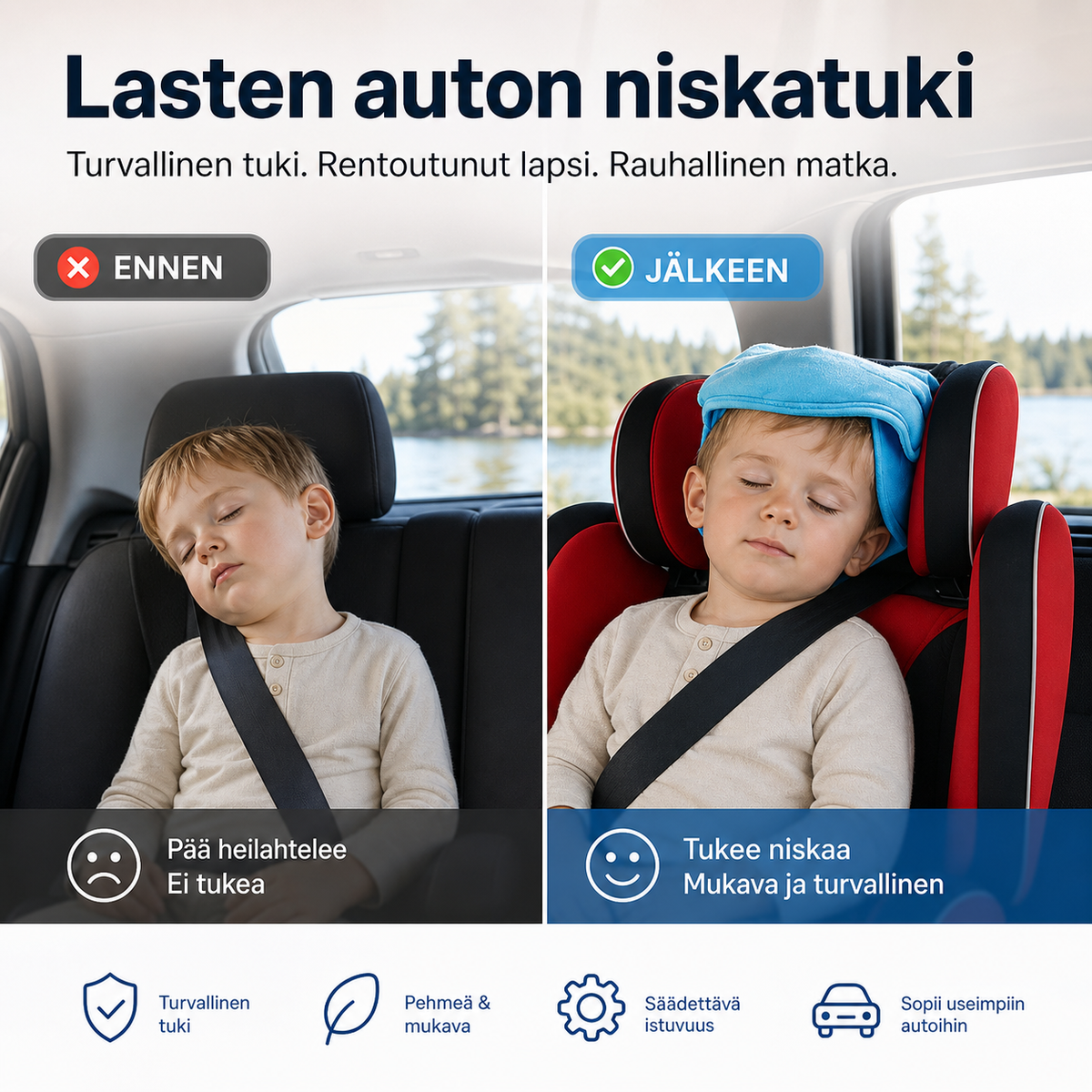 📢📢-50% !! ⏰Lasten auton niskatuki – Säädettävä pään tuki, estää pään roikkumista ja niskan kipeytymistä automatkoilla