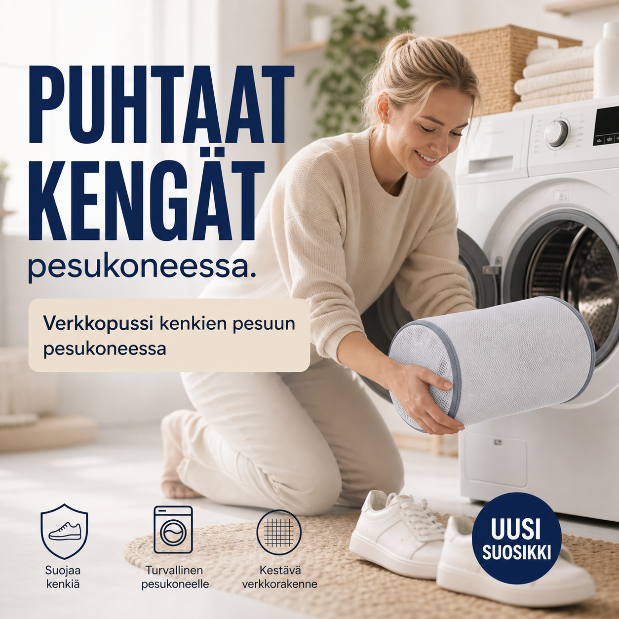 Verkkopussi kenkien pesuun pesukoneessa