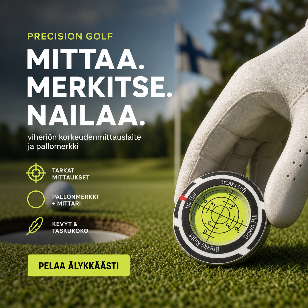 Precision Golf -viheriön korkeudenmittauslaite ja pallomerkki