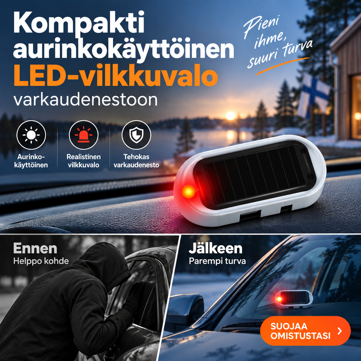 Kompakti aurinkokäyttöinen LED-vilkkuvalo varkaudenestoon