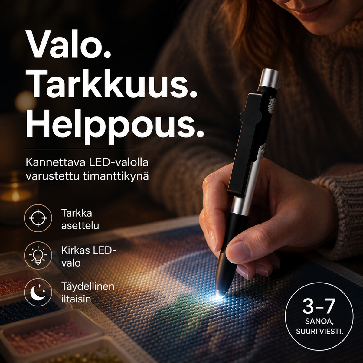 Kannettava LED-valolla varustettu timanttikynä