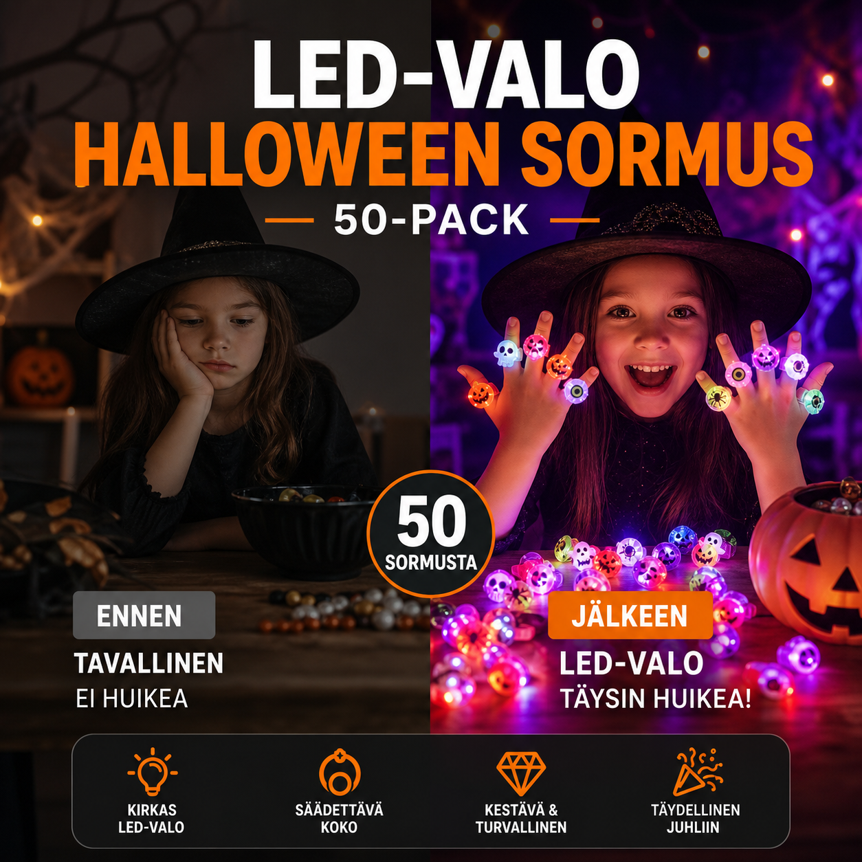 🎁 LED-Valo Halloween Sormus 😍 - 50 kpl setti