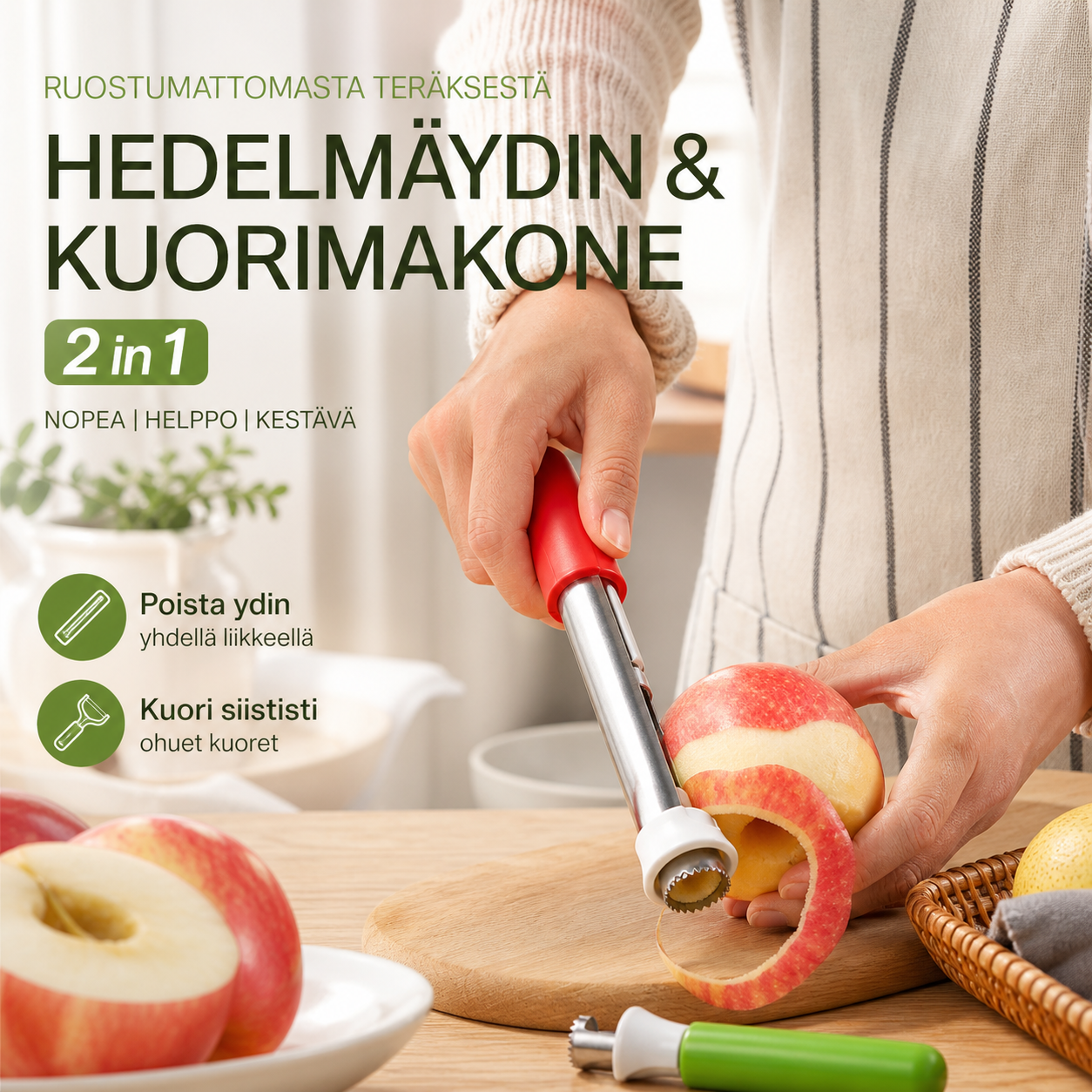 Ruostumattomasta teräksestä valmistettu hedelmäydin ja kuorimakone 2 in 1