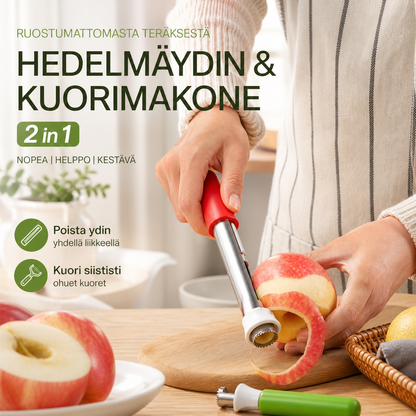 Ruostumattomasta teräksestä valmistettu hedelmäydin ja kuorimakone 2 in 1