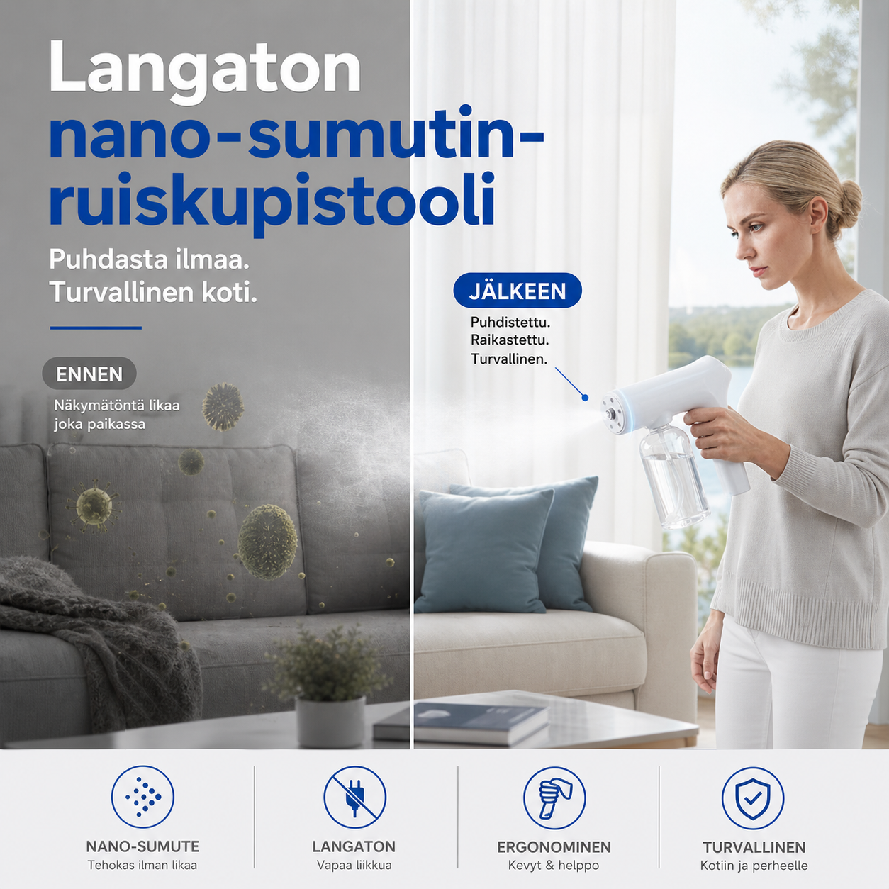 Bakteereja ja viruksia tuhoava desinfiointisuihkepistooli