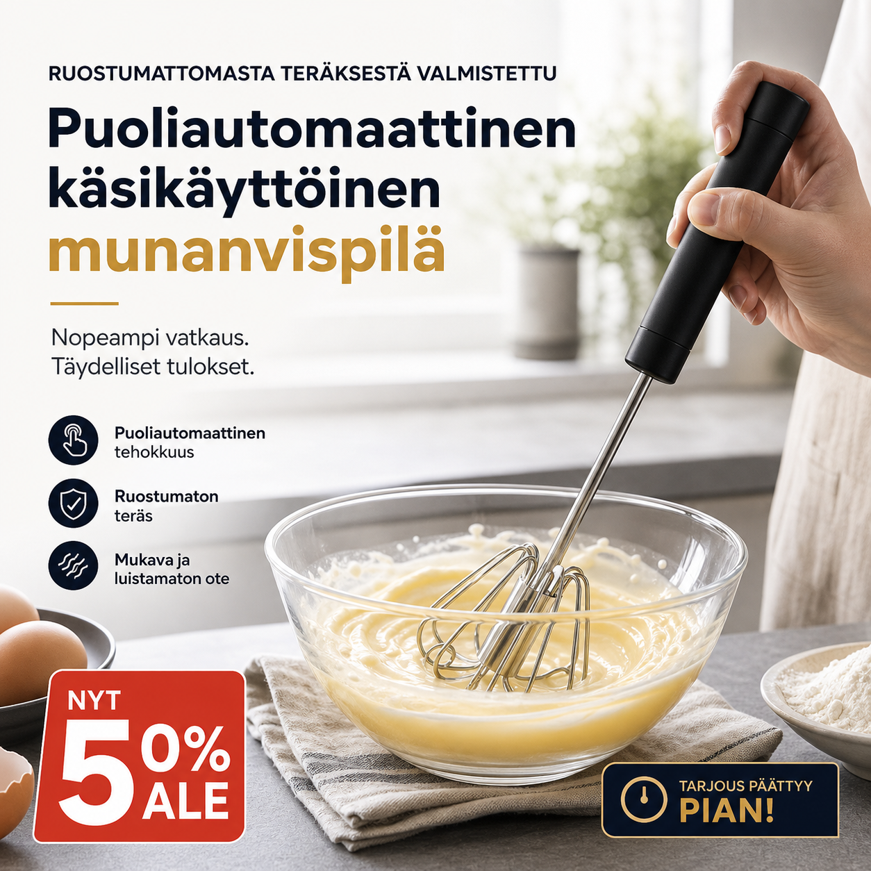 Ruostumattomasta teräksestä valmistettu puoliautomaattinen käsikäyttöinen munanvispilä