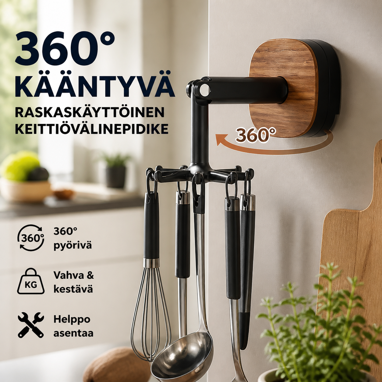 360° pyörivä raskaskäyttöinen koukullinen keittiövälinepidike
