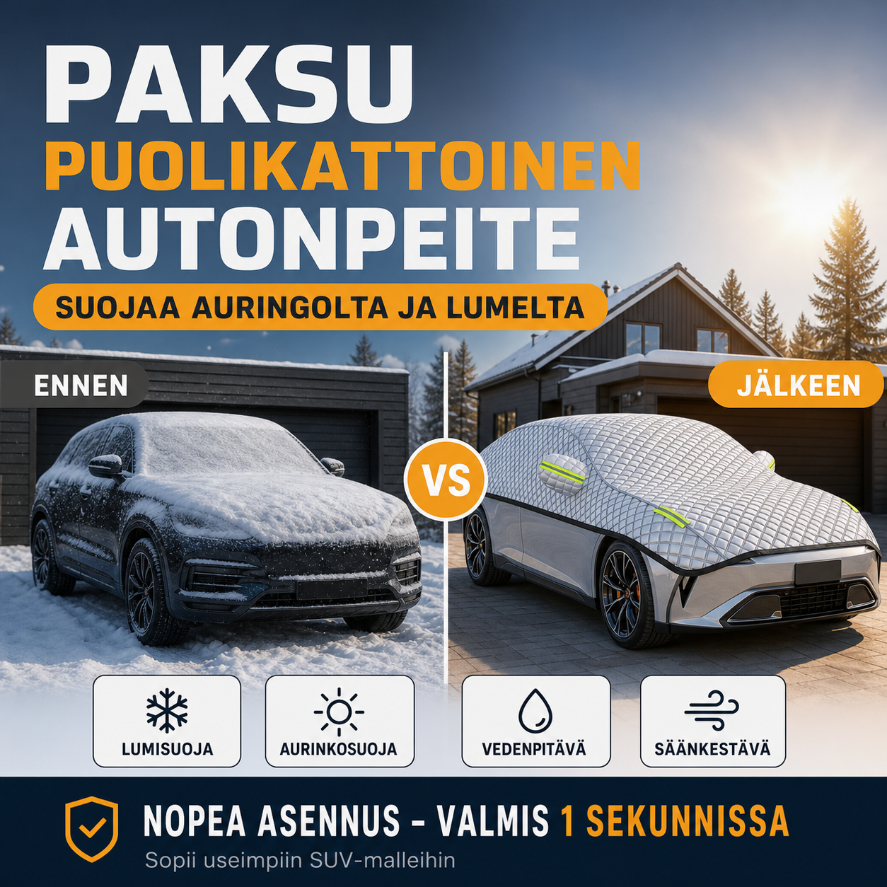 Paksu puolikattoinen autonpeite, suojaa auringolta ja lumelta