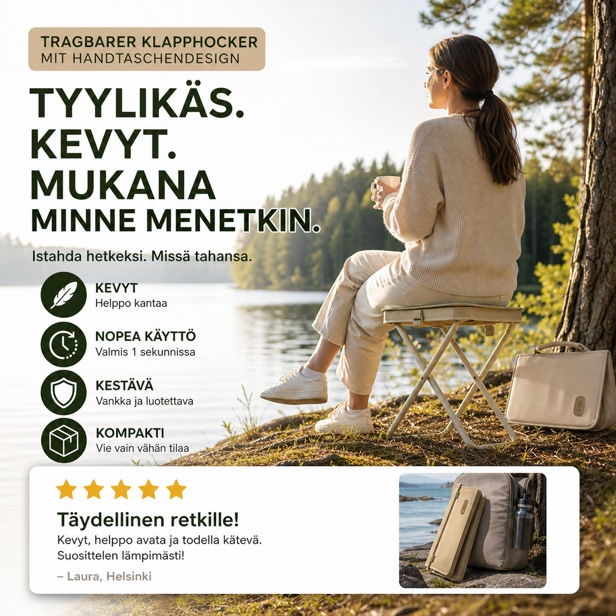 Kannettava kokoontaitettava jakkara käsilaukkumuotoilulla