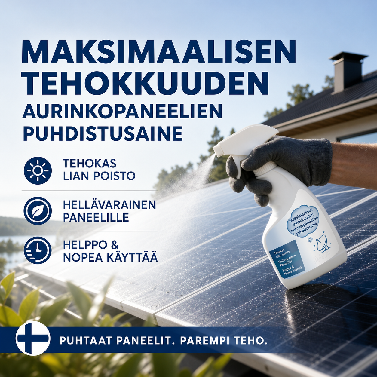 Maksimaalisen tehokkuuden aurinkopaneelien puhdistusaine