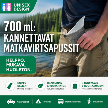 🔥 700 ml:n kannettavat matkavirtsapussit – Ei enää huolta vessasta tien päällä! Vuotamattomat, roiskesuojatut, hajua neutraloivat. Täydelliset pitkille matkoille, retkeilyyn ja hätätilanteisiin. Huomaamattomat ja hygieeniset. 🛣️🧻