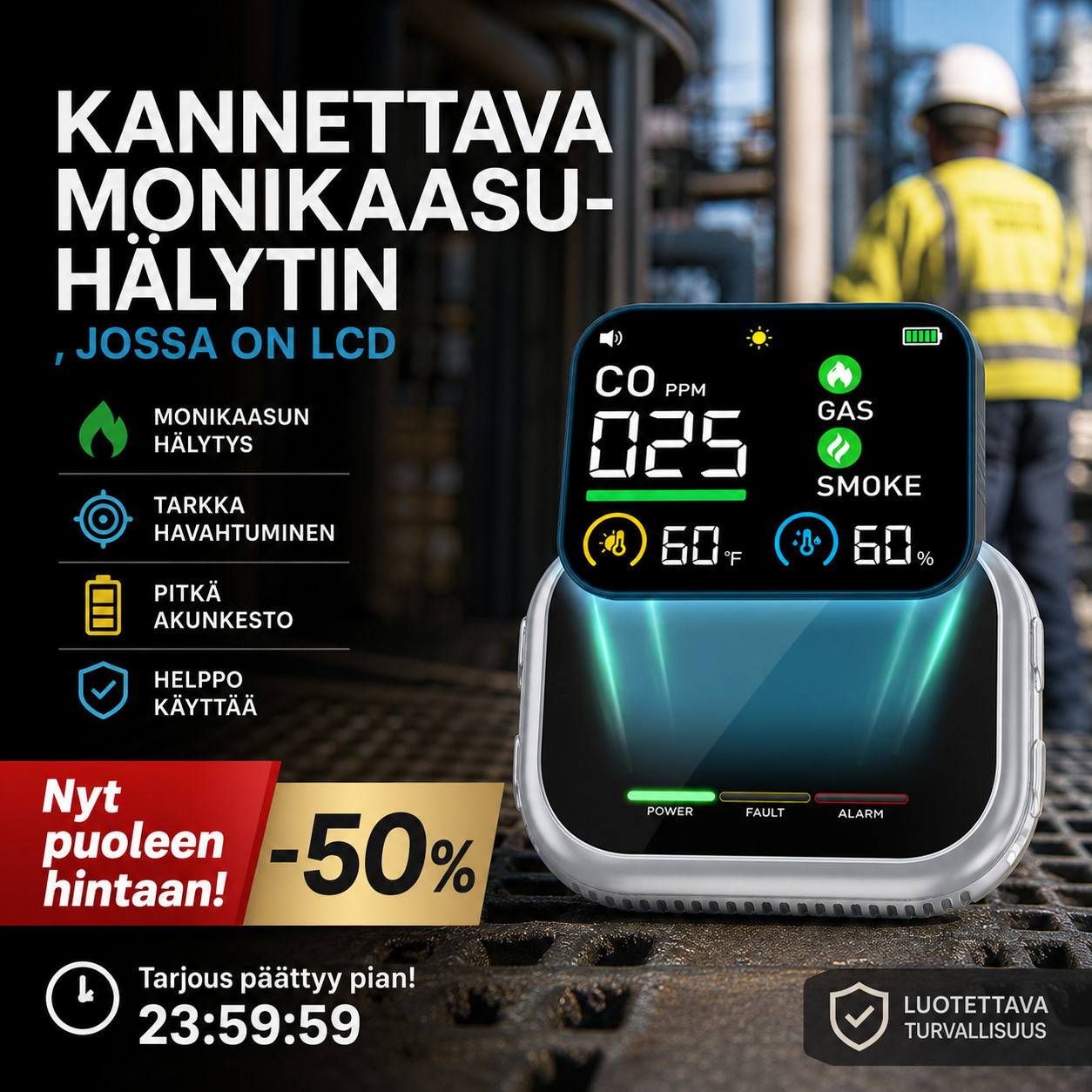 Kannettava monikaasuhälytin, jossa on LCD-näyttö ja varakäyttöakku