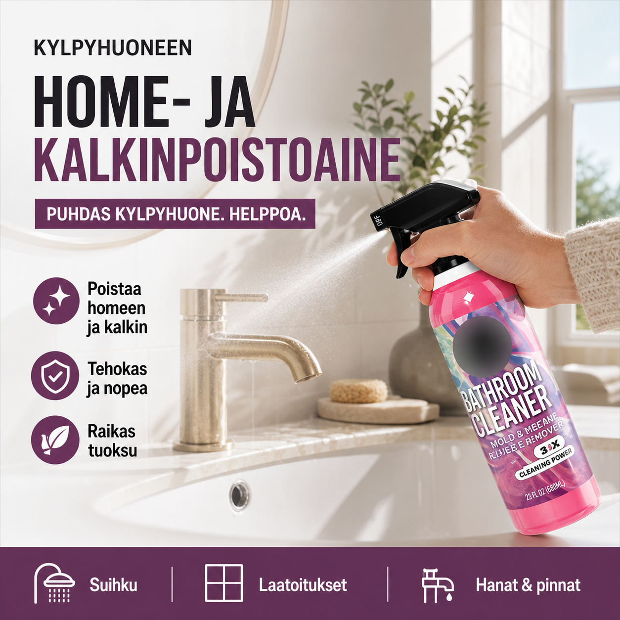 Monipintainen kylpyhuoneen puhdistusaine homeelle ja kalkille – tehokas puhdistus ilman hankausta!