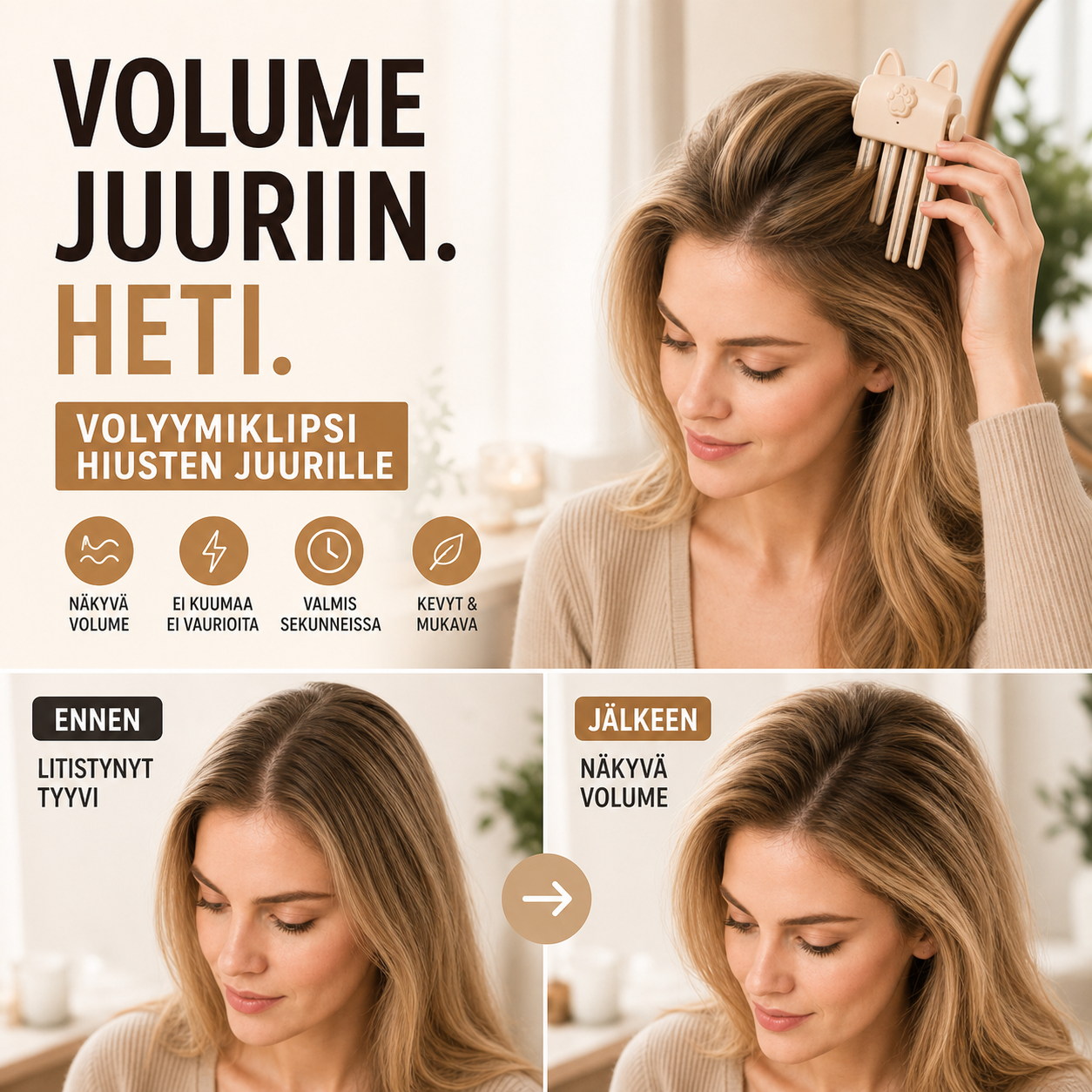 🔥 50 % ALENNUS – Volyymiklipsi hiusten juurille – Välitön tuuheus ilman lämpöä, ei painaumia, kevyt ja mukava 💁‍♀️