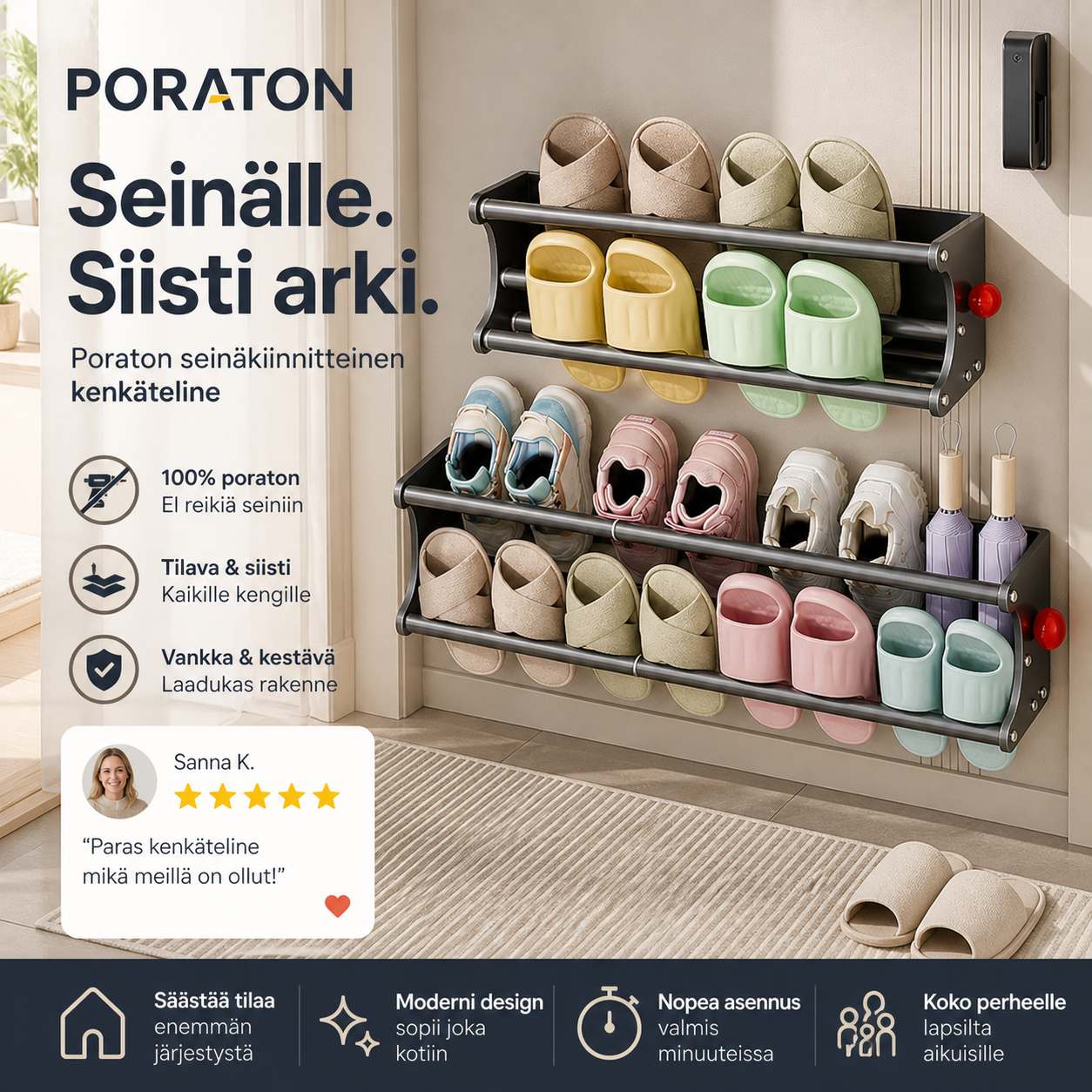 Poraton seinäkiinnitteinen kenkäteline