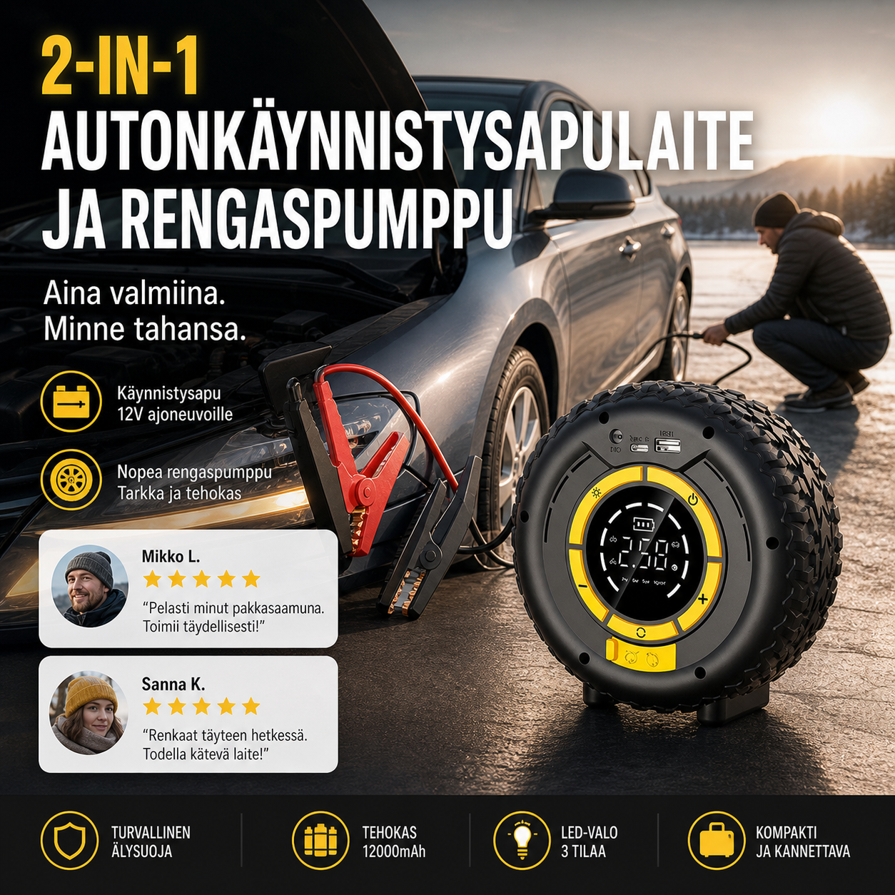 2-in-1 Autonkäynnistysapulaite ja rengaspumppu – käynnistä auto ja täytä renkaat yhdellä laitteella!