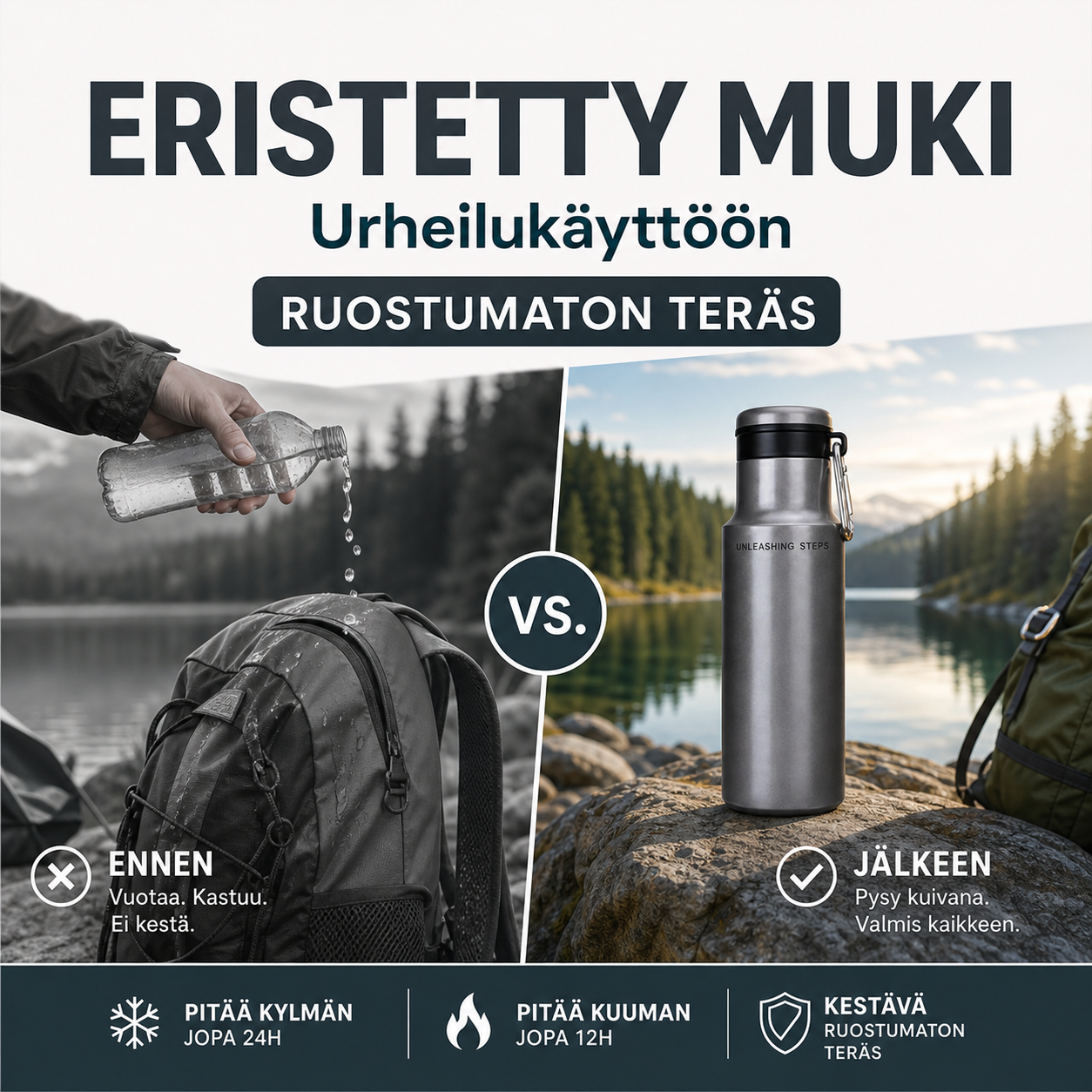 Urheilukäyttöön tarkoitettu ruostumattomasta teräksestä valmistettu eristetty muki