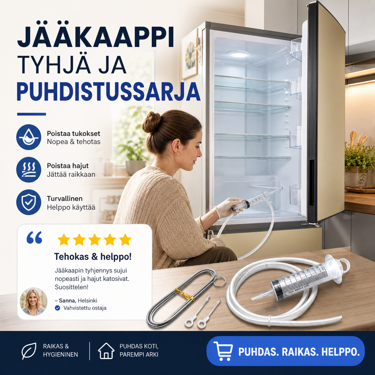 Jääkaappi tyhjä ja puhdistussarja