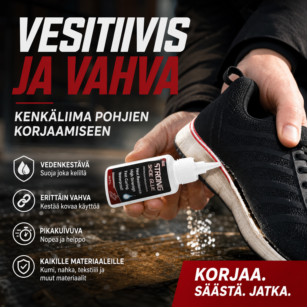 Vedenkestävä kenkäliima pohjille