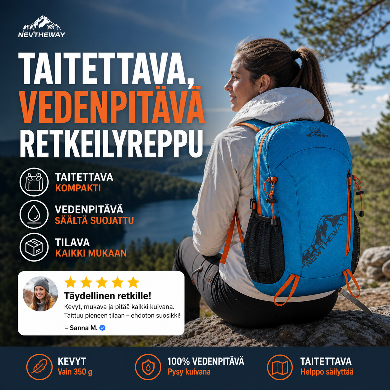 🔥🎁 2+1 ILMAISEKSI!!🥳 💞 YLI 50 000 KAPPALETTA MYYTY! ⚡🎒 Taitettava, vedenpitävä retkeilyreppu