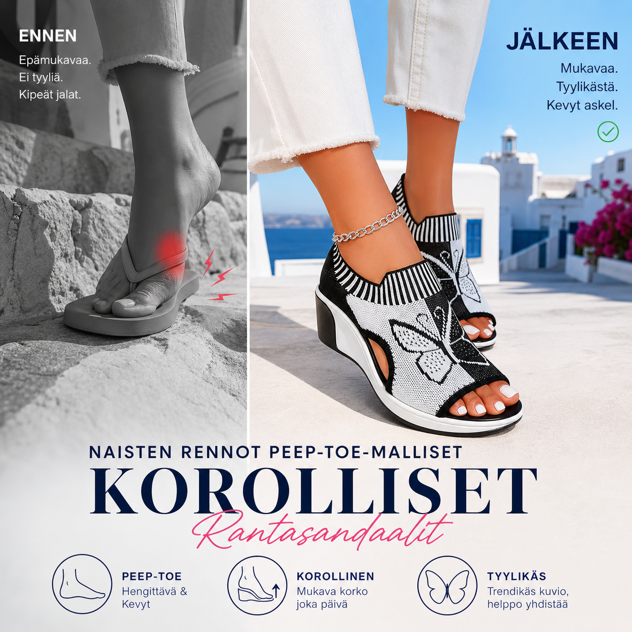 Naisten rennot peep-toe-malliset korolliset rantasandaalit