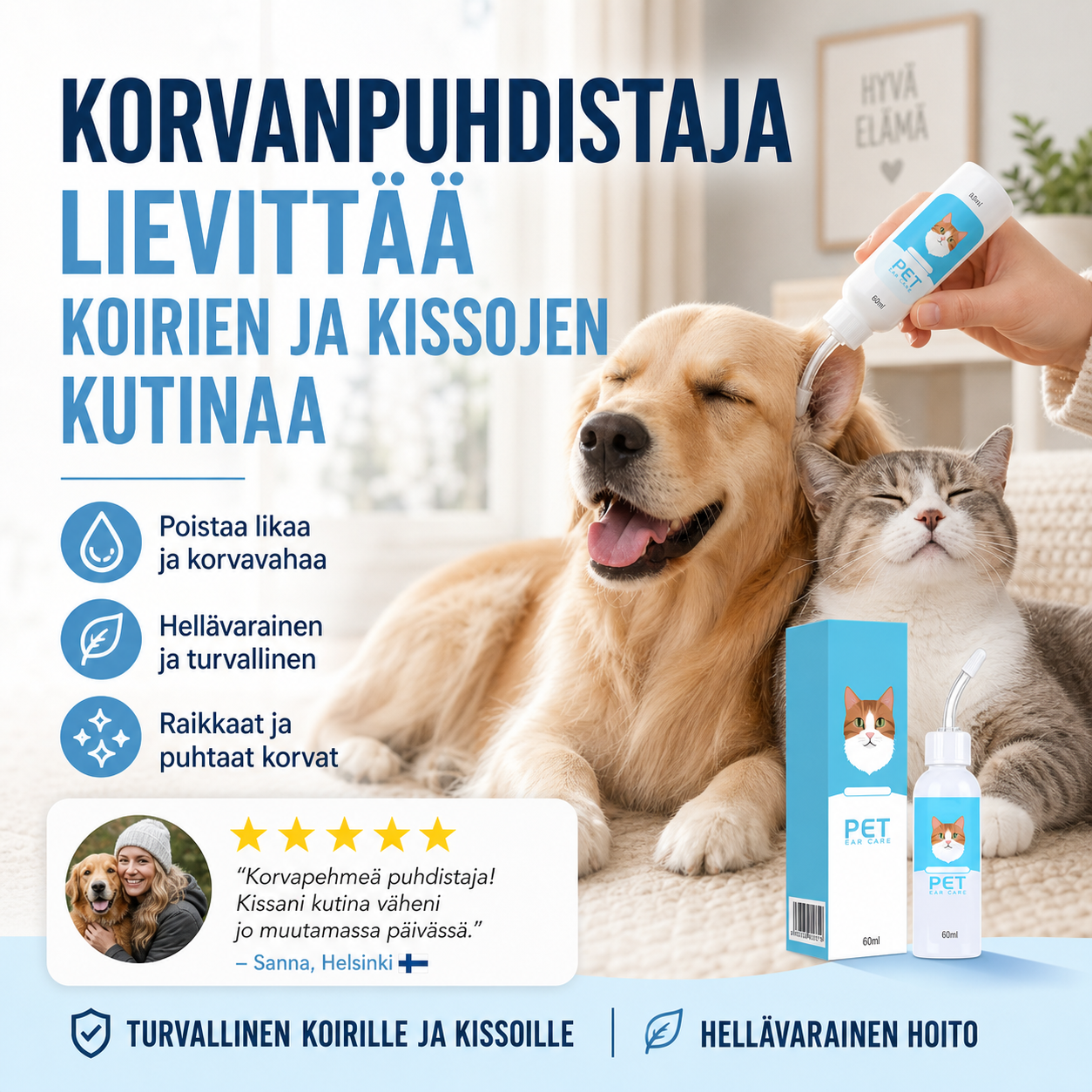 🐶🐱 Korvanpuhdistaja, lievittää koirien ja kissojen kutinaa