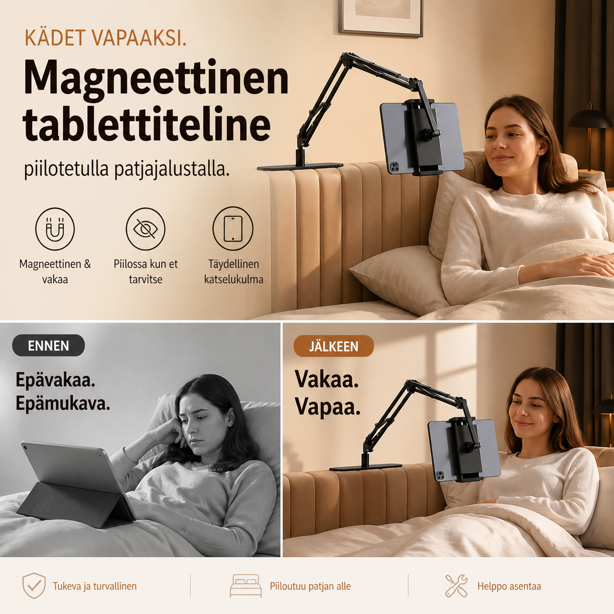 🛏️ Katso tabletista sängyssä, hands-free – magneettinen tablettiteline piilotetulla patjajalustalla. Ei tärisemistä, ei poraamista!