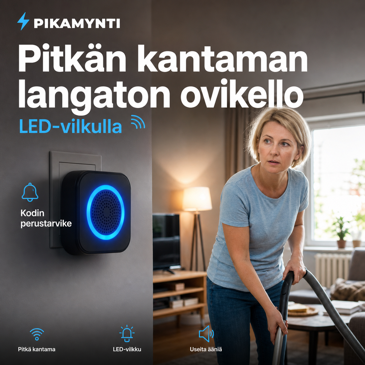 ⚡ PIKAMYNTI 📶 Pitkän kantaman langaton ovikello LED-vilkulla 🔔 Kodin perustarvike