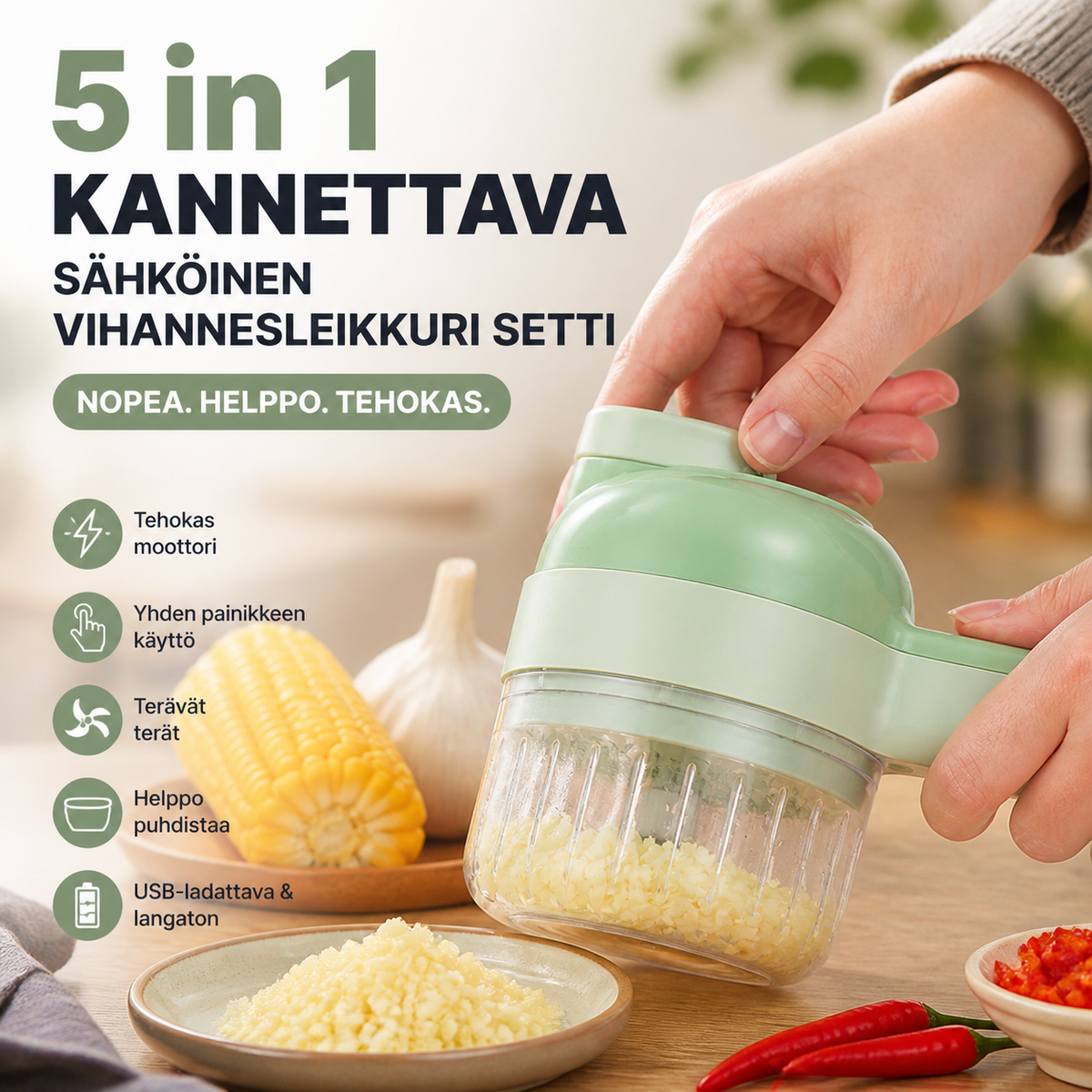 Ihanteellinen lahja - 5 in 1 kannettava sähköinen vihannestenleikkuri setti