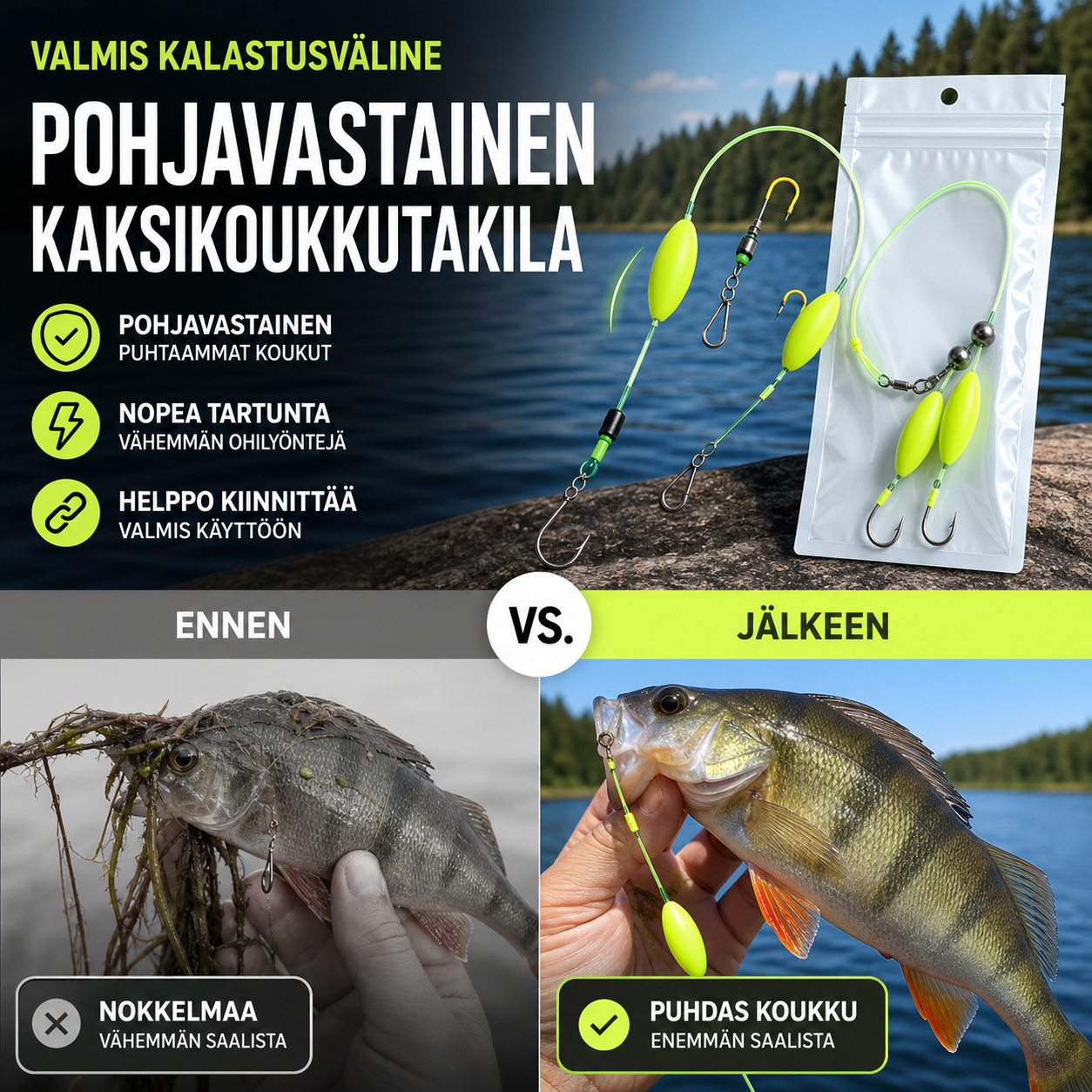 Valmis kalastusväline – pohjavastainen kaksikoukkutakila