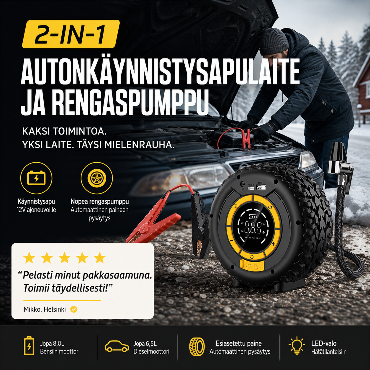 2-in-1 Autonkäynnistysapulaite ja rengaspumppu – käynnistä auto ja täytä renkaat yhdellä laitteella!