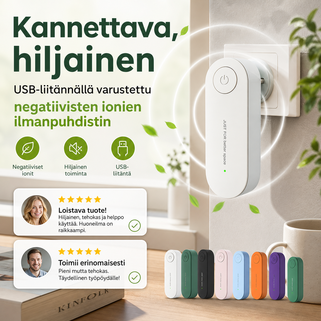 Kannettava, hiljainen USB-liitännällä varustettu negatiivisten ionien ilmanpuhdistin
