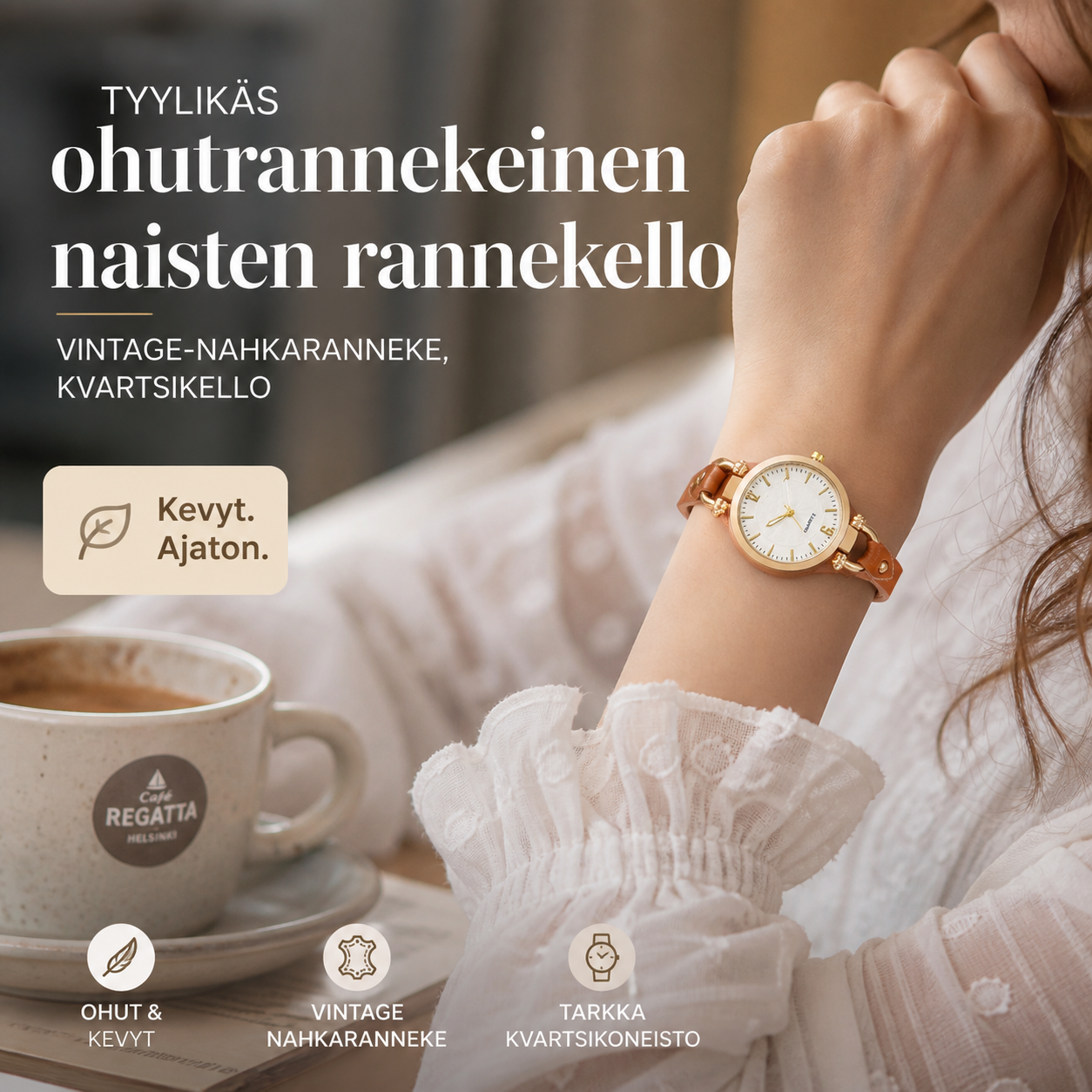 Tyylikäs ohutrannekeinen naisten rannekello – vintage-nahkaranneke, kvartsikello